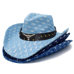 Distressed denim cowboy hats in three colors with silver sequins and metal bull head belt
