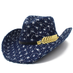 Chapeau de cow-boy en denim vieilli avec paillettes argentées et accessoire feuille d'or