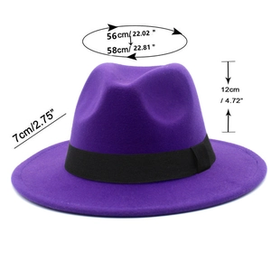 Purple fedora hat size chart showing 12cm height, 7cm brim, and 56-58cm circumference