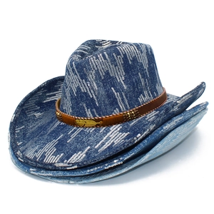 Blue denim cowboy hat with silver sequins and brown leather band with metal feathers
