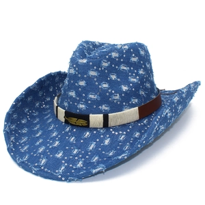 Chapeau De Cowboy En Denim À Paillettes Mode Chapeau Western Distressed Avec Breloque En Métal Plume Bande Tressée Pour Femmes Hommes