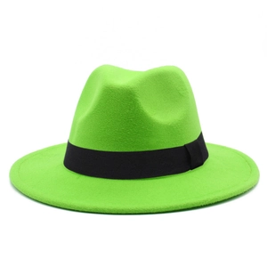 Close-up of lime green felt fedora hat featuring a simple black grosgrain ribbon band