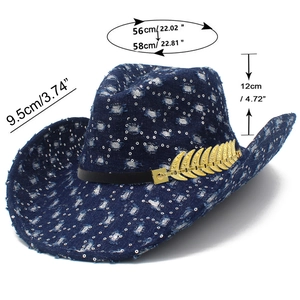 Dimensions détaillées du chapeau de cowboy en denim avec paillettes et plume dorée