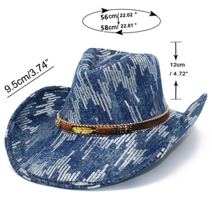 Detail view of denim cowboy hat showing feather charm, bead decor and size dimensions