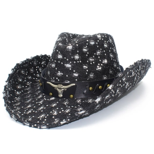 Black distressed denim cowboy hat with silver sequins and metallic bull head detail