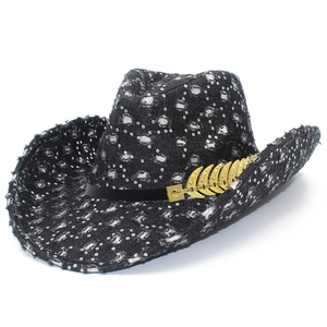 Chapeau de cowboy en denim usé avec paillettes argentées et plume dorée