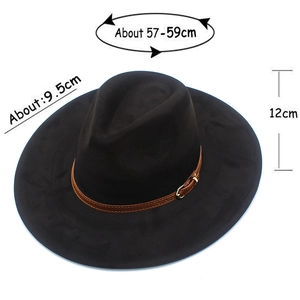 Detailed dimensions of the black wide brim fedora with leather band and buckle