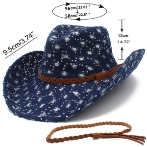Size details of blue sequined cowboy hat with woven leather band and curved brim dimensions