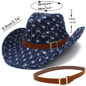 Détail du chapeau de cowboy en denim bleu avec paillettes et dimensions de taille