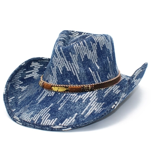 Blue denim cowboy hat with silver sequins, brown leather band, and gold leaf metal accessory