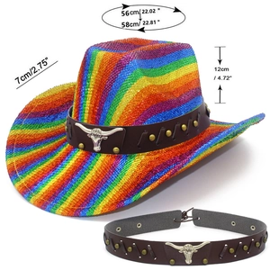 Cowboyhut Maße im Detail mit Regenbogen-Pailletten und Stierkopf-Zierband
