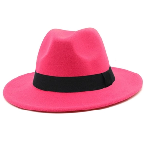 Modern hot pink wool felt fedora hat for men and women featuring a black decorative band