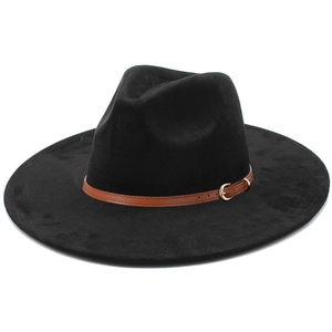 Detailed view of black wide brim suede fedora hat with brown belt and golden buckle