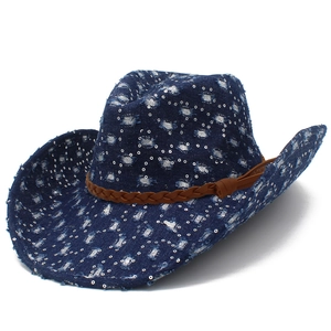 Navy blue distressed cowboy hat with silver sequins and brown braided leather strap