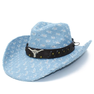 Light blue distressed denim cowboy hat with sequins and a metal bull head leather band
