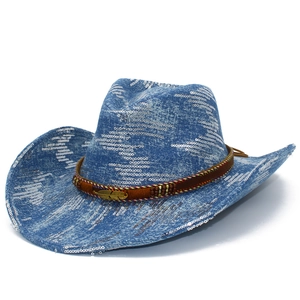 Blue sequin western cowboy hat with brown leather band and golden feather ornament