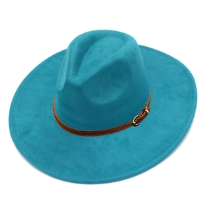 Blue wide brim fedora hat with brown leather belt buckle in minimalist vintage style