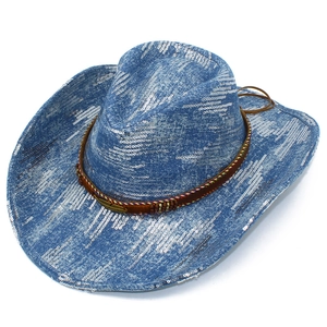 Distressed blue denim western cowboy hat with silver sequins and golden feather accessory