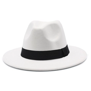 Classic white felt fedora hat with a wide black decorative ribbon for men and women