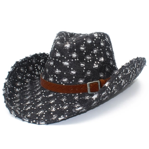 Chapeau de cowboy en denim noir délavé avec paillettes argentées et ceinture cuir