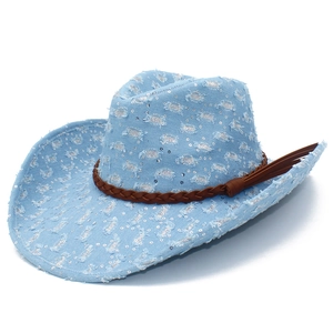 Light blue denim cowboy hat with sequins, woven leather strap and fringe accents