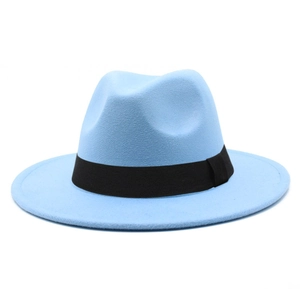 Classic light blue fedora hat with a wide black ribbon band for men and women