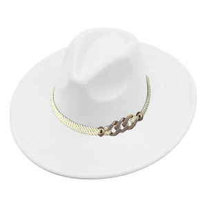 Detailed side view of a white wide-brim fedora with woven rope and gold chain buckle