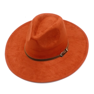 Detail of suede fedora with wide brim, dark brown leather band and gold buckle