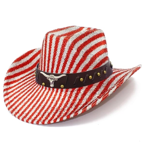 Western-Cowboyhut mit roten und silbernen Streifen und silbernem Stierkopf-Zubehör