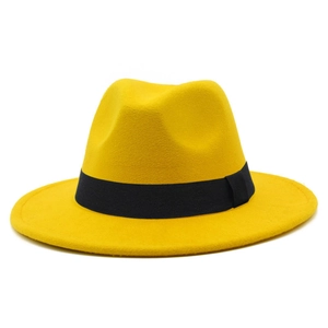 Classic yellow wool felt fedora hat with black grosgrain ribbon for men and women