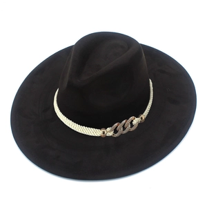 Classic black wide-brim fedora hat with cream woven rope and retro metal buckle detail