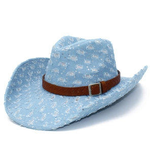 Chapeau de Cowboy en Denim à Paillettes Western Déchiré Usé Avec Ceinture Tressée Pour Femmes Hommes Mode Rétro Disco Fête