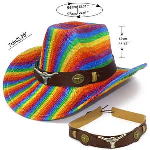 Rainbow glitter cowboy hat detail showing bull skull badge and exact size measurements