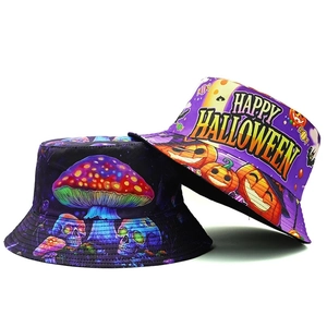 Chapeau Bob Halloween Réversible Imprimé Citrouille Crâne Champignon Coton Chapeau de Soleil pour Fête Festival Unisexe