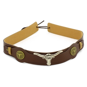 Detail of faux leather hat band with three bronze bull head emblems and rivets