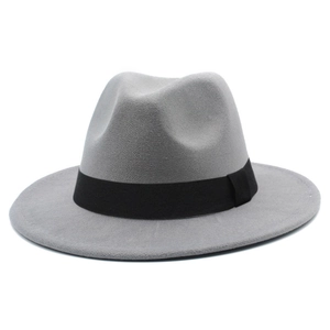 Detail of light grey wool fedora hat featuring a classic black wide decorative band ribbon