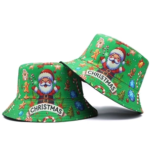 Christmas Santa Claus Reindeer Print Bucket Hat Men Women Reversible Red Black Buffalo Plaid Green Festive Party Costume Sun Hat