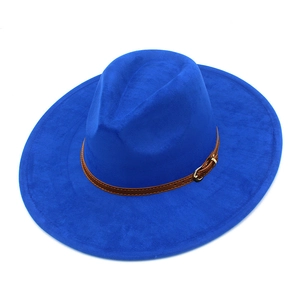 Close-up of royal blue wide-brim fedora with a brown leather decorative strap