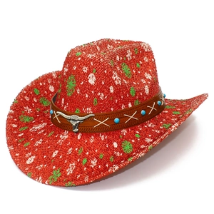 Cappello da cowboy natalizio con motivo a fiocchi di neve rossi e fibbia a testa di toro