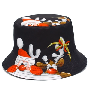 Detail of black bucket hat featuring festive cartoon Santa Claus and reindeer patterns
