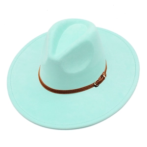 Detail of light blue faux suede fedora hat with brown leather band and gold buckle detail