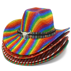 Rainbow striped cowboy hat with silver bull skull ornament and black woven band for Christmas
