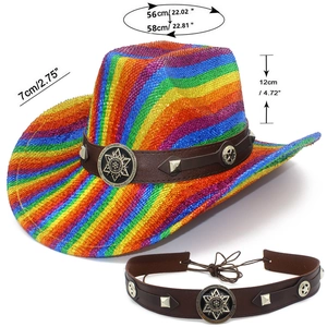 Detailed view of rainbow striped cowboy hat with removable star studded leather band