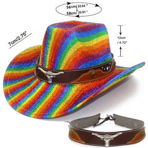 Detail view of rainbow striped cowboy hat showing size specs and metal bull head emblem