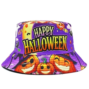 Chapeau bob violet Halloween avec texte Happy Halloween et motifs de citrouilles