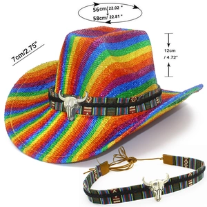Detail of silver bull head ornament and ethnic pattern band on rainbow striped jazz hat