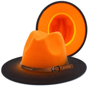 Chapeau fedora en laine dégradé orange et noir avec bande décorative en cuir