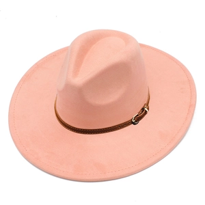 Wide brim suede fedora hat in peach pink with brown belt and golden metal buckle