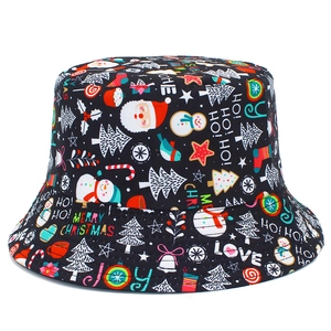 Black Christmas bucket hat with festive Santa, snowman and reindeer all-over print