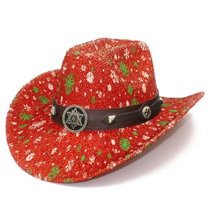 Festive red and green knit cowboy hat with snowflake texture and leather band decoration
